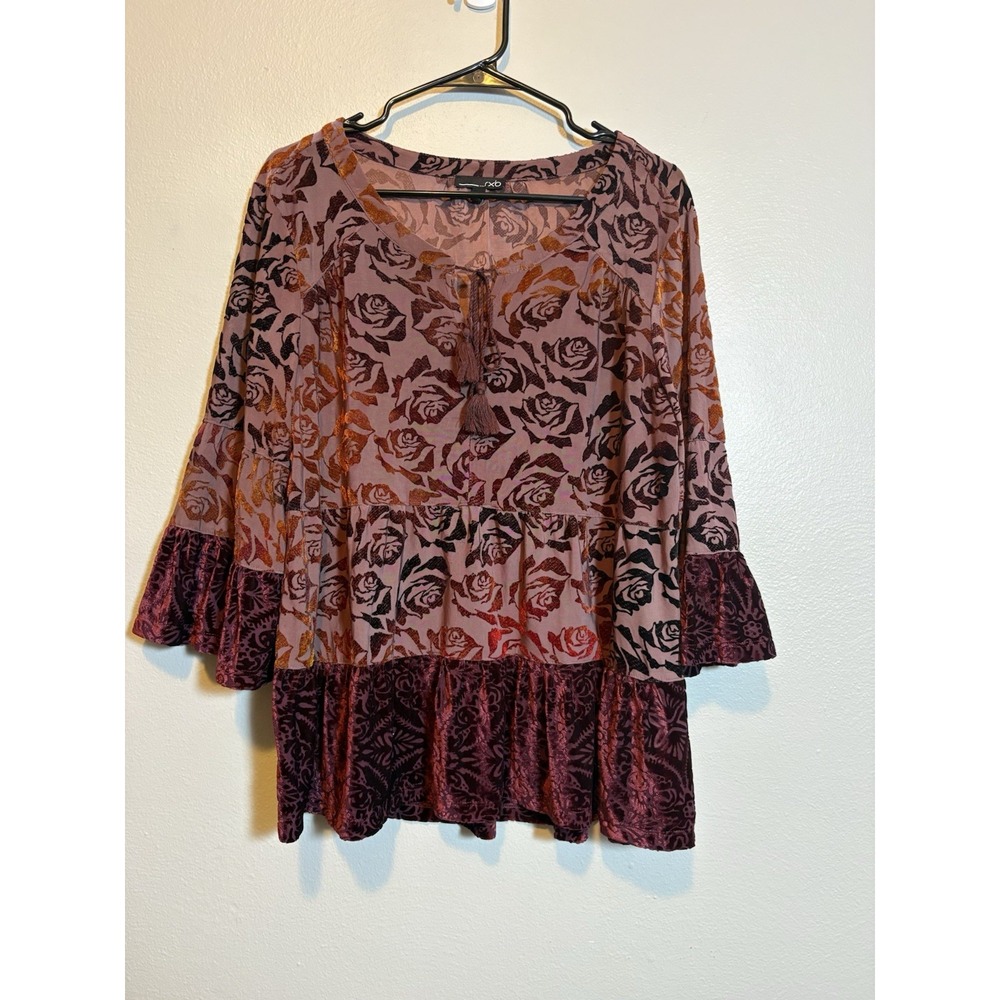 Rxb Velvet Burnout Rose Top M Boho Witchy Romantic Bell Sleeve Peplum Blouse